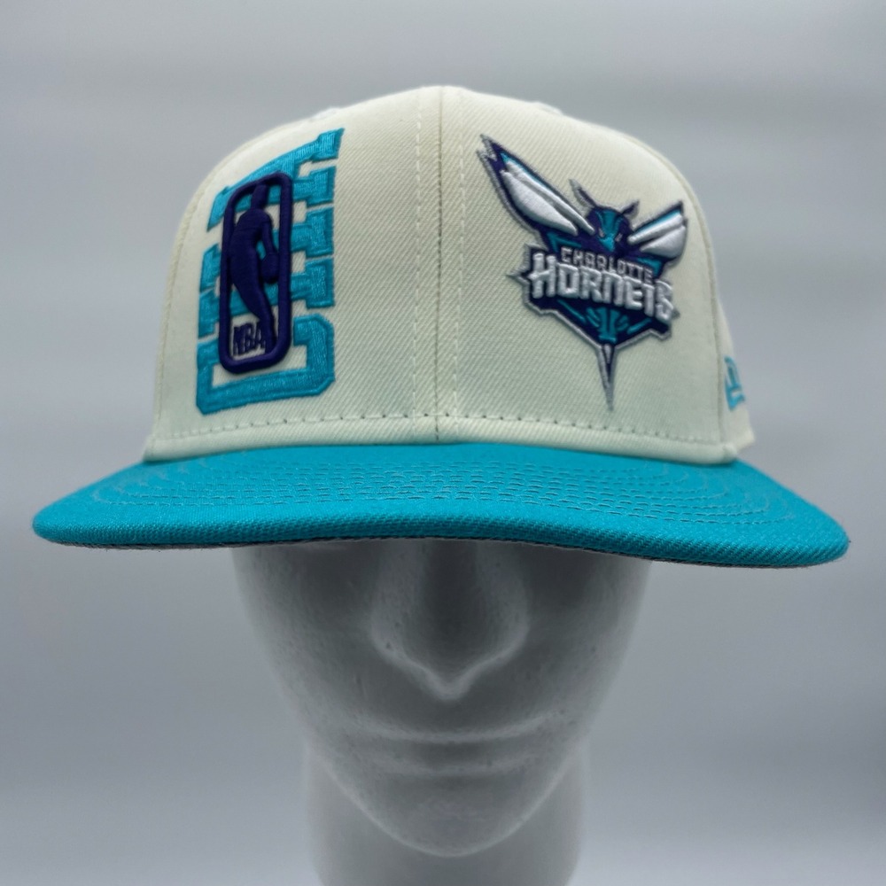 New Era NBA Charlotte Hornets Basketball Hat 59Fifty Cream Teal 7 3/4 Fitted Cap
